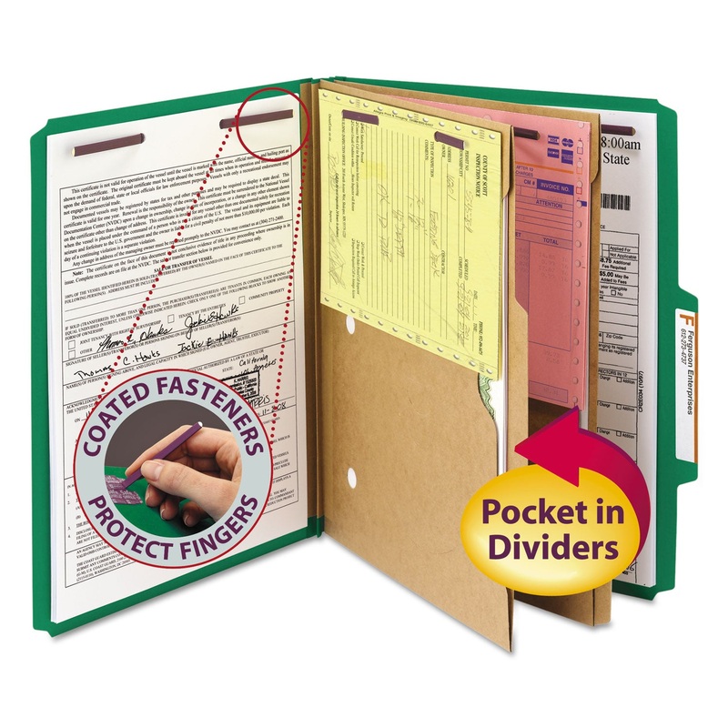 6-SECTION PRESSBOARD TOP TAB POCKET-STYLE CLASSIFICATION FOLDERS WITH SAFESHIELD FASTENERS, 2 DIVIDERS, LETTER, GREEN, 10/BOX