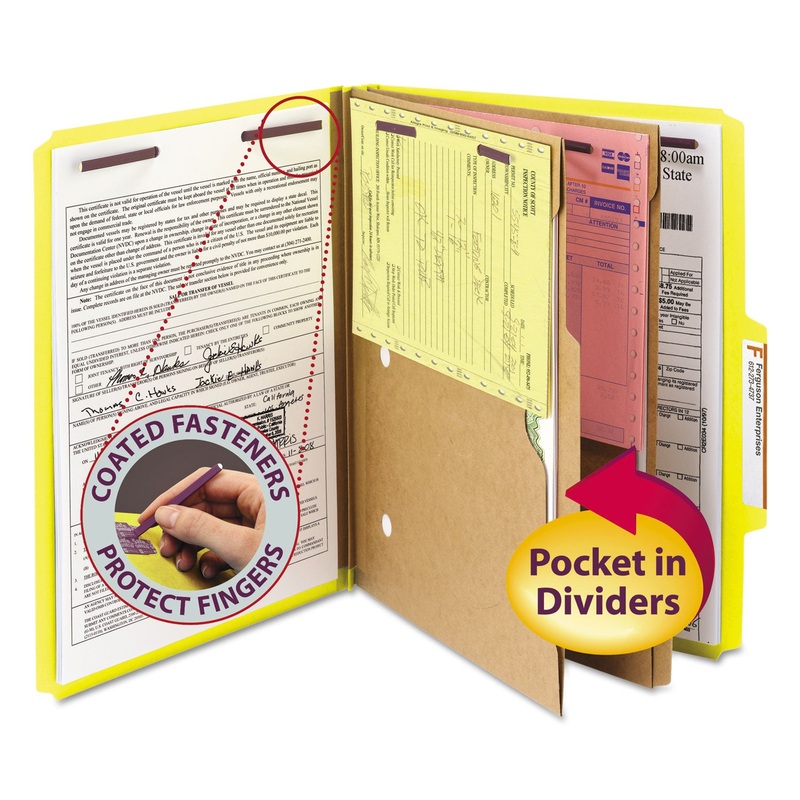 6-SECTION PRESSBOARD TOP TAB POCKET-STYLE CLASSIFICATION FOLDERS WITH SAFESHIELD FASTENERS, 2 DIVIDERS, LETTER, YELLOW, 10/BX