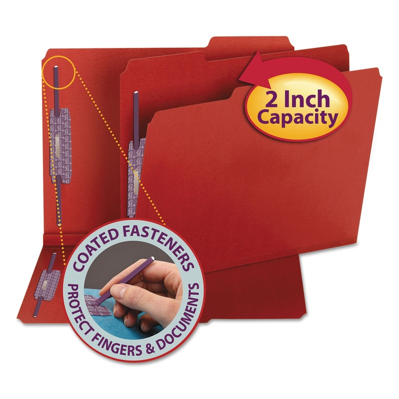 COLORED PRESSBOARD FOLDERS WITH TWO SAFESHIELD COATED FASTENERS, 1/3-CUT TABS, LETTER SIZE, BRIGHT RED, 25/BOX