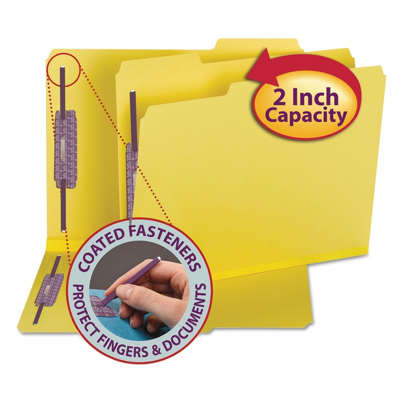 COLORED PRESSBOARD FOLDERS WITH TWO SAFESHIELD COATED FASTENERS, 1/3-CUT TABS, LETTER SIZE, YELLOW, 25/BOX