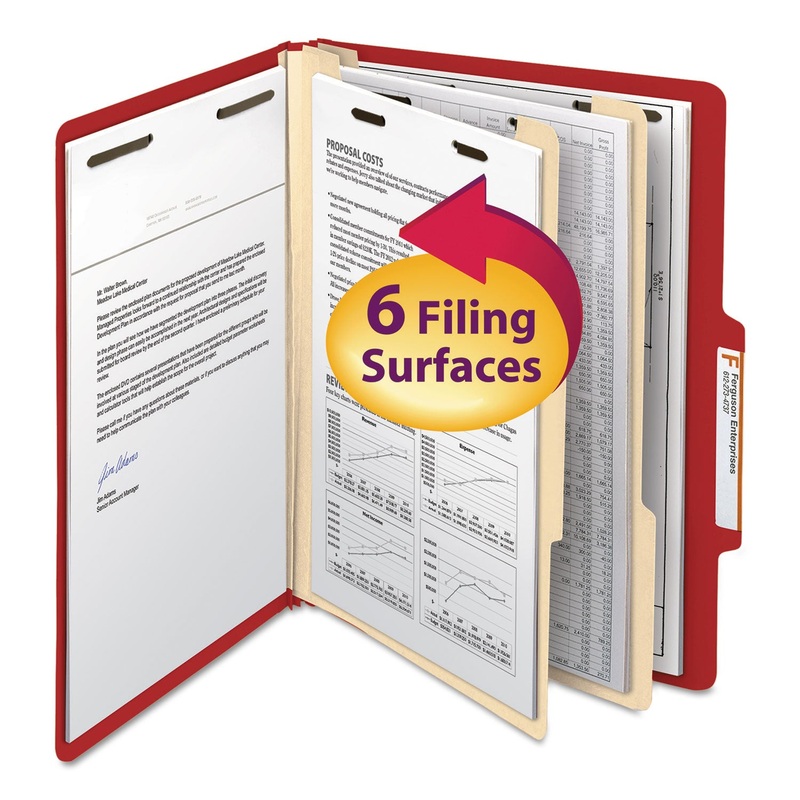 COLORED TOP TAB CLASSIFICATION FOLDERS, 2 DIVIDERS, LETTER SIZE, RED, 10/BOX