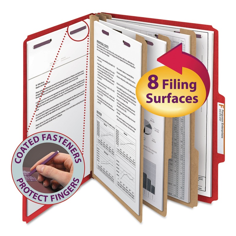 EIGHT-SECTION PRESSBOARD TOP TAB CLASSIFICATION FOLDERS WITH SAFESHIELD FASTENERS, 3 DIVIDERS, LETTER SIZE, BRIGHT RED, 10/BX