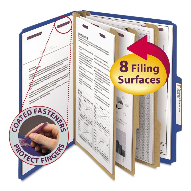EIGHT-SECTION PRESSBOARD TOP TAB CLASSIFICATION FOLDERS WITH SAFESHIELD FASTENERS, 3 DIVIDERS, LETTER SIZE, DARK BLUE, 10/BOX
