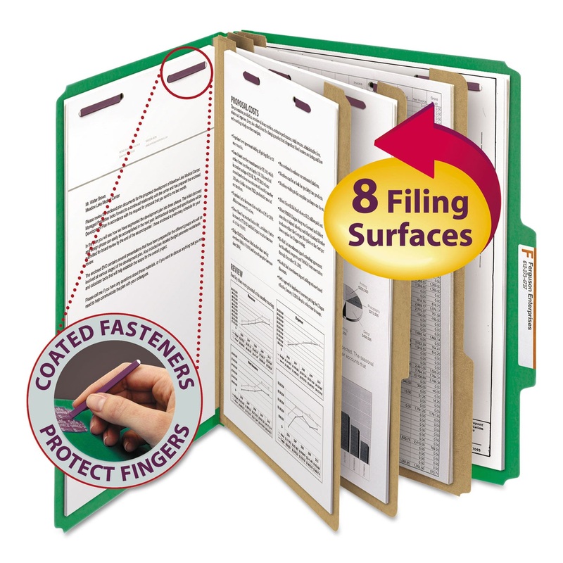 EIGHT-SECTION PRESSBOARD TOP TAB CLASSIFICATION FOLDERS WITH SAFESHIELD FASTENERS, 3 DIVIDERS, LETTER SIZE, GREEN, 10/BOX