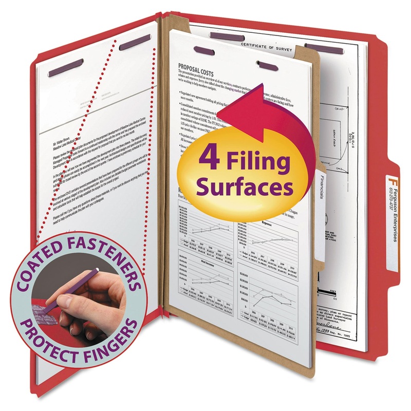 FOUR-SECTION PRESSBOARD TOP TAB CLASSIFICATION FOLDERS WITH SAFESHIELD FASTENERS, 1 DIVIDER, LETTER SIZE, BRIGHT RED, 10/BOX