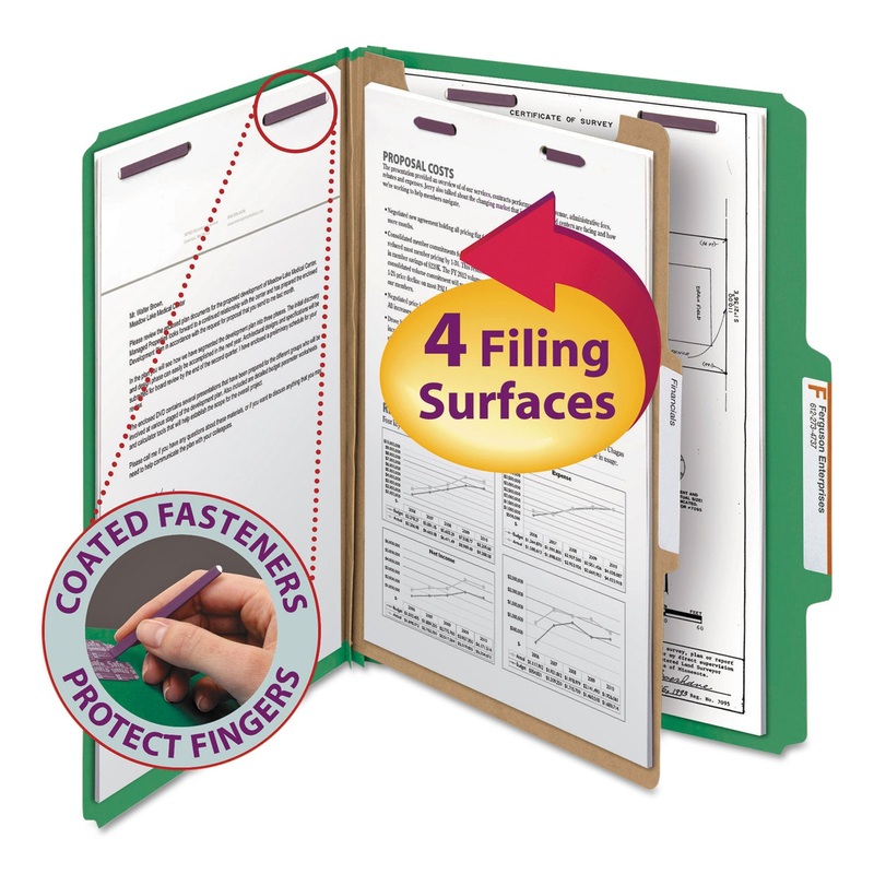 FOUR-SECTION PRESSBOARD TOP TAB CLASSIFICATION FOLDERS WITH SAFESHIELD FASTENERS, 1 DIVIDER, LETTER SIZE, GREEN, 10/BOX