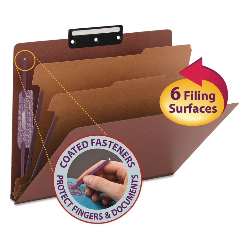 PRESSBOARD CLASSIFICATION FOLDERS WITH SAFESHIELD COATED FASTENERS, 1/3-CUT, 2 DIVIDERS, LETTER SIZE, RED, 10/BOX