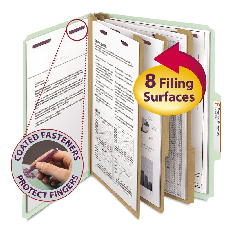 PRESSBOARD CLASSIFICATION FOLDERS WITH SAFESHIELD COATED FASTENERS, 2/5 CUT, 3 DIVIDERS, LETTER SIZE, GRAY-GREEN, 10/BOX