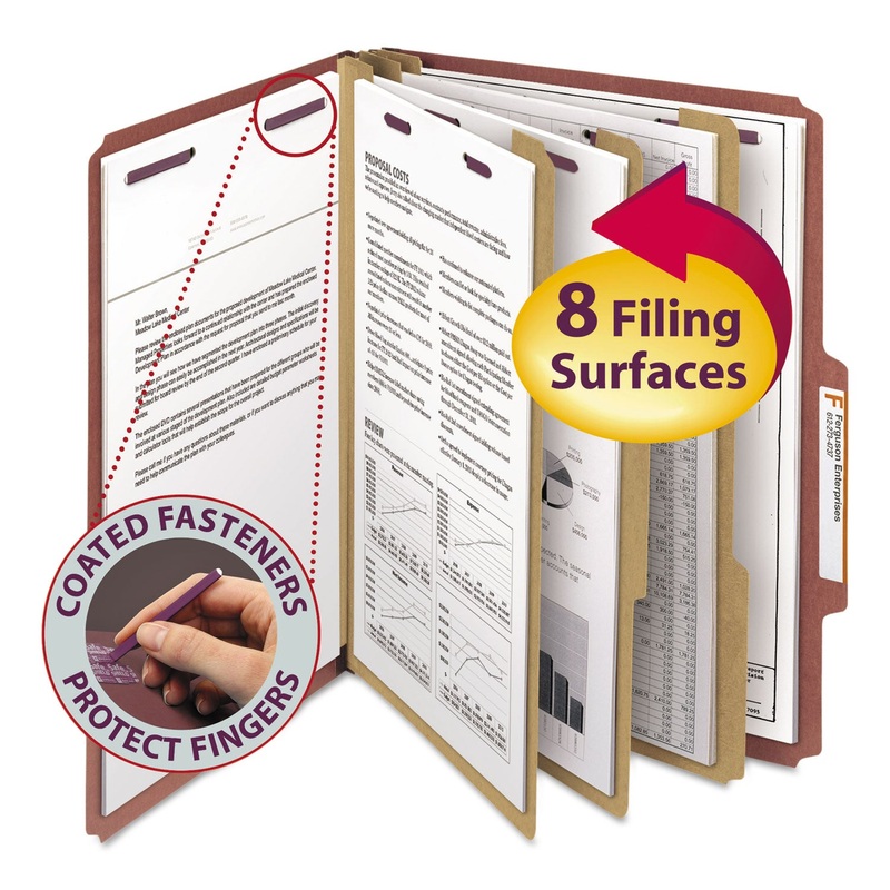 PRESSBOARD CLASSIFICATION FOLDERS WITH SAFESHIELD COATED FASTENERS, 2/5 CUT, 3 DIVIDERS, LETTER SIZE, RED, 10/BOX