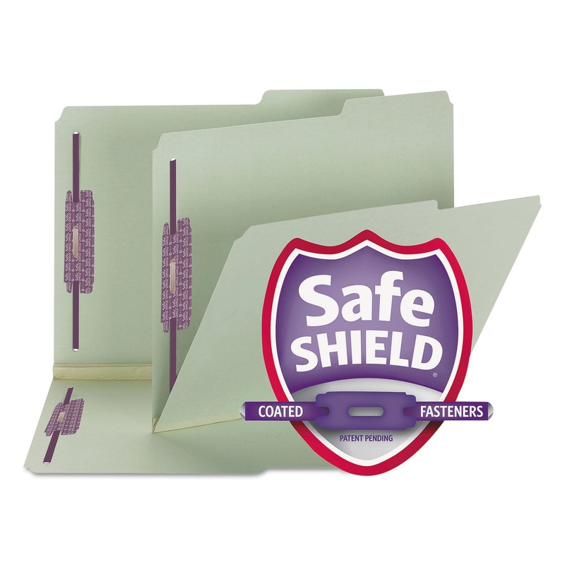 RECYCLED PRESSBOARD FOLDERS W/TWO SAFESHIELD FASTENERS, 2/5-CUT TAB, RIGHT OF CENTER, 2″ EXP, LETTER SIZE, GRAY-GREEN, 25/BOX