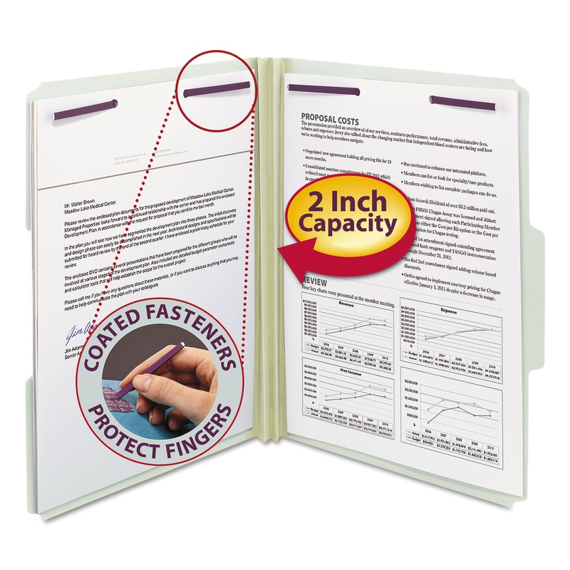 RECYCLED PRESSBOARD FOLDERS WITH TWO SAFESHIELD COATED FASTENERS, 1/3-CUT TABS, 2″ EXPANSION, LETTER SIZE, GRAY-GREEN, 25/BOX