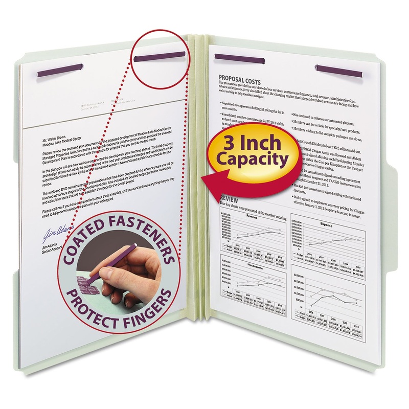 RECYCLED PRESSBOARD FOLDERS WITH TWO SAFESHIELD COATED FASTENERS, 1/3-CUT TABS, 3″ EXPANSION, LETTER SIZE, GRAY-GREEN, 25/BOX