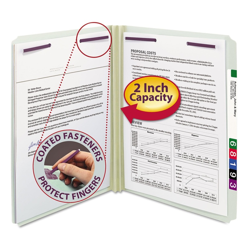 RECYCLED PRESSBOARD FOLDERS WITH TWO SAFESHIELD COATED FASTENERS, STRAIGHT TAB, 2″ EXPANSION, LETTER SIZE, GRAY-GREEN, 25/BOX