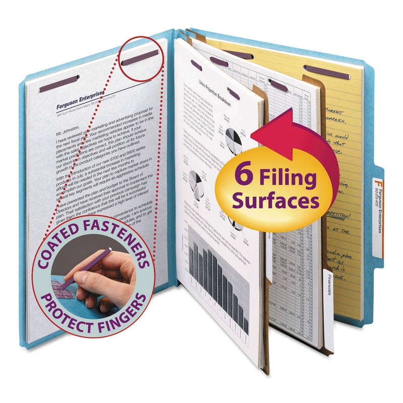 SIX-SECTION PRESSBOARD TOP TAB CLASSIFICATION FOLDERS WITH SAFESHIELD FASTENERS, 2 DIVIDERS, LETTER SIZE, BLUE, 10/BOX