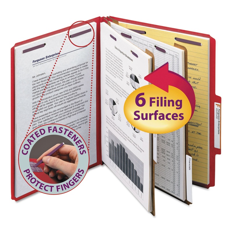 SIX-SECTION PRESSBOARD TOP TAB CLASSIFICATION FOLDERS WITH SAFESHIELD FASTENERS, 2 DIVIDERS, LETTER SIZE, BRIGHT RED, 10/BOX