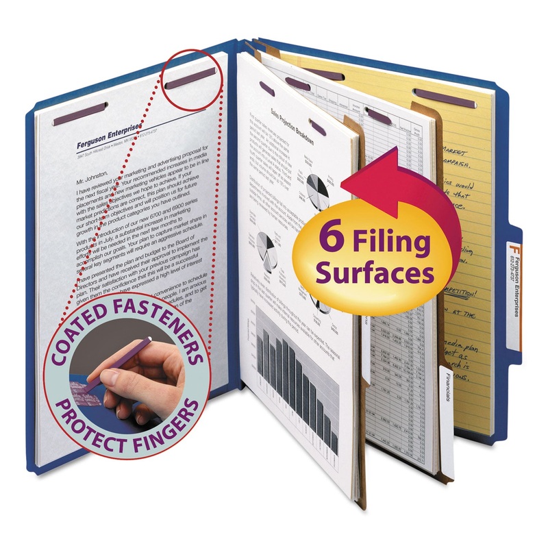 SIX-SECTION PRESSBOARD TOP TAB CLASSIFICATION FOLDERS WITH SAFESHIELD FASTENERS, 2 DIVIDERS, LETTER SIZE, DARK BLUE, 10/BOX