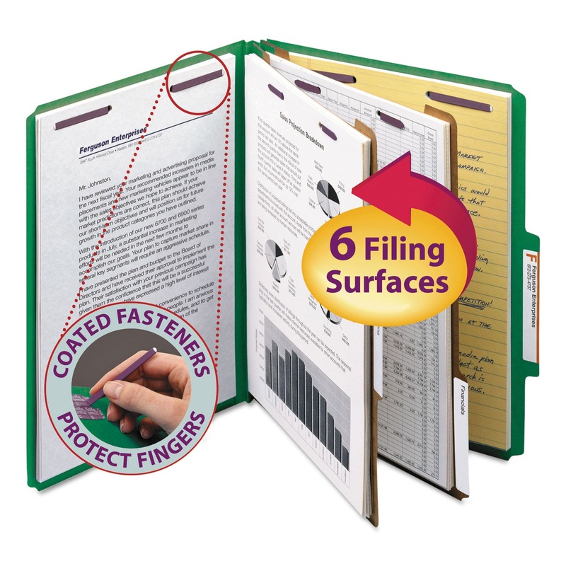 SIX-SECTION PRESSBOARD TOP TAB CLASSIFICATION FOLDERS WITH SAFESHIELD FASTENERS, 2 DIVIDERS, LETTER SIZE, GREEN, 10/BOX
