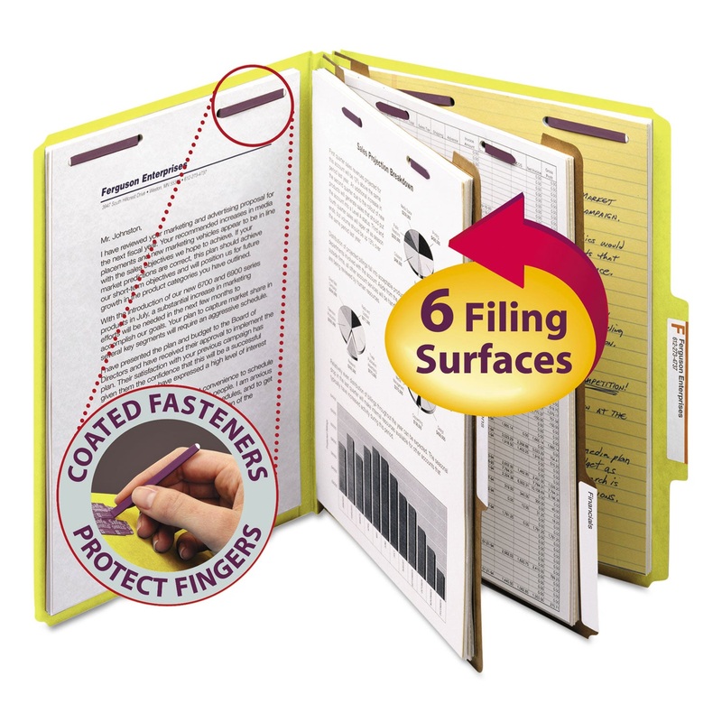 SIX-SECTION PRESSBOARD TOP TAB CLASSIFICATION FOLDERS WITH SAFESHIELD FASTENERS, 2 DIVIDERS, LETTER SIZE, YELLOW, 10/BOX