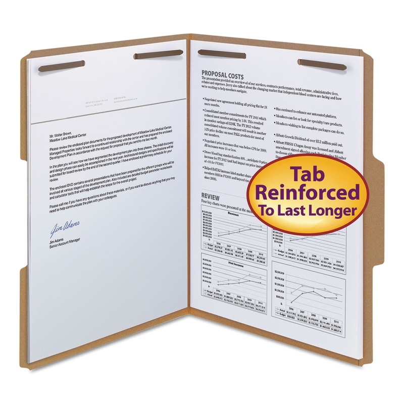 TOP TAB 2-FASTENER FOLDERS, 1/3-CUT TABS, LETTER SIZE, 11 PT. KRAFT, 50/BOX