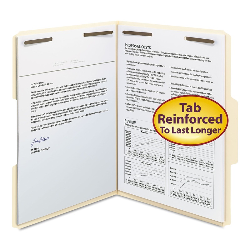 TOP TAB 2-FASTENER FOLDERS, 1/3-CUT TABS, LETTER SIZE, 11 PT. MANILA, 50/BOX