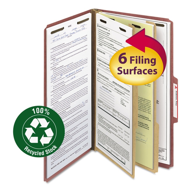 100% RECYCLED PRESSBOARD CLASSIFICATION FOLDERS, 2 DIVIDERS, LEGAL SIZE, RED, 10/BOX