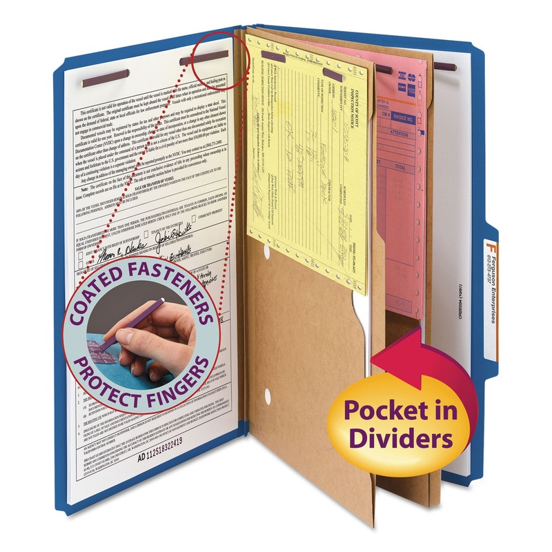 6-SECTION PRESSBOARD TOP TAB POCKET-STYLE CLASSIFICATION FOLDERS W/ SAFESHIELD FASTENERS, 2 DIVIDERS, LEGAL, DARK BLUE, 10/BX