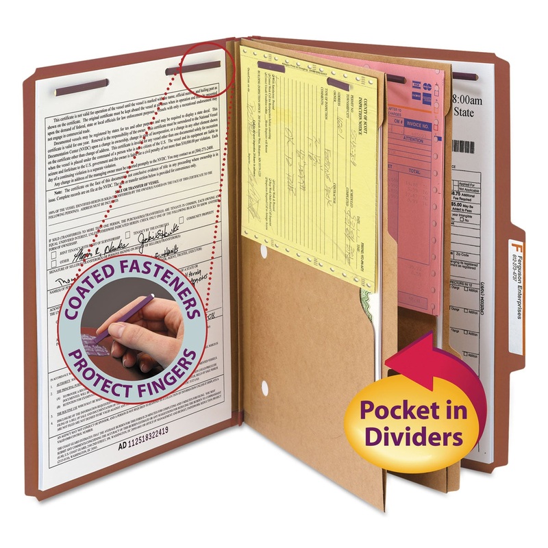 6-SECTION PRESSBOARD TOP TAB POCKET-STYLE CLASSIFICATION FOLDERS WITH SAFESHIELD FASTENERS, 2 DIVIDERS, LEGAL, RED, 10/BOX
