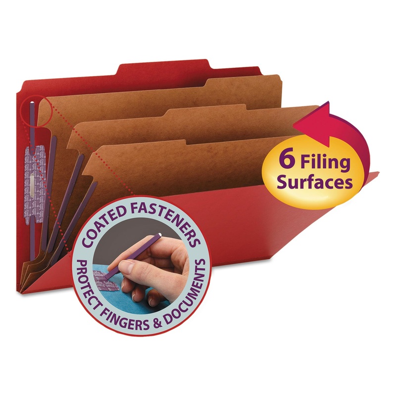 EIGHT-SECTION PRESSBOARD TOP TAB CLASSIFICATION FOLDERS WITH SAFESHIELD FASTENERS, 3 DIVIDERS, LEGAL SIZE, BRIGHT RED, 10/BOX