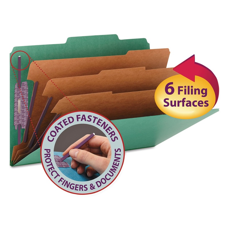 EIGHT-SECTION PRESSBOARD TOP TAB CLASSIFICATION FOLDERS WITH SAFESHIELD FASTENERS, 3 DIVIDERS, LEGAL SIZE, GREEN, 10/BOX