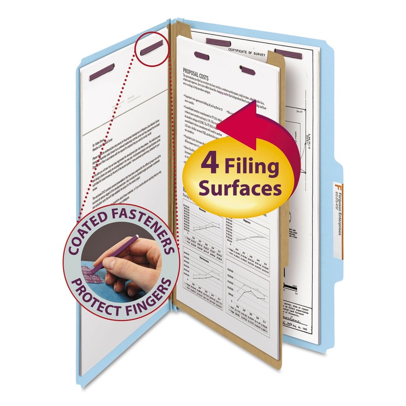 FOUR-SECTION PRESSBOARD TOP TAB CLASSIFICATION FOLDERS WITH SAFESHIELD FASTENERS, 1 DIVIDER, LEGAL SIZE, BLUE, 10/BOX