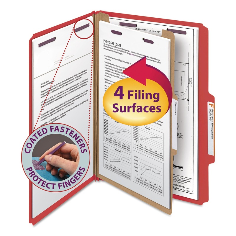 FOUR-SECTION PRESSBOARD TOP TAB CLASSIFICATION FOLDERS WITH SAFESHIELD FASTENERS, 1 DIVIDER, LEGAL SIZE, BRIGHT RED, 10/BOX