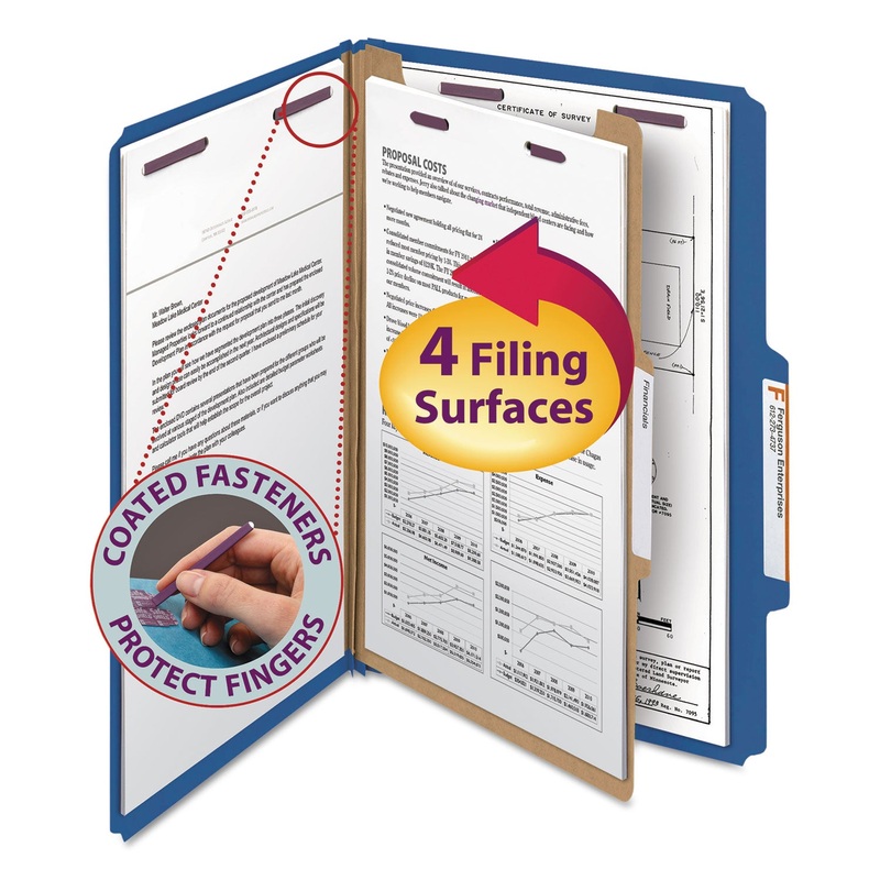 FOUR-SECTION PRESSBOARD TOP TAB CLASSIFICATION FOLDERS WITH SAFESHIELD FASTENERS, 1 DIVIDER, LEGAL SIZE, DARK BLUE, 10/BOX