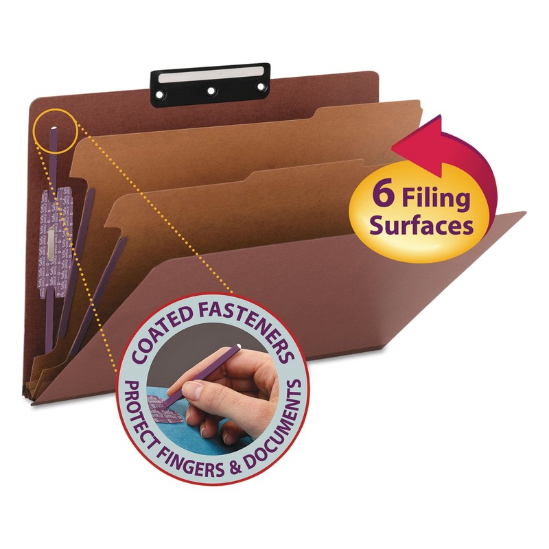 PRESSBOARD CLASSIFICATION FOLDERS WITH SAFESHIELD COATED FASTENERS, 1/3-CUT, 2 DIVIDERS, LEGAL SIZE, RED, 10/BOX