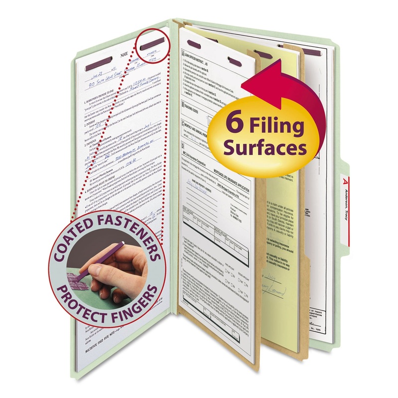 PRESSBOARD CLASSIFICATION FOLDERS WITH SAFESHIELD COATED FASTENERS, 2/5 CUT, 2 DIVIDERS, LEGAL SIZE, GRAY-GREEN, 10/BOX