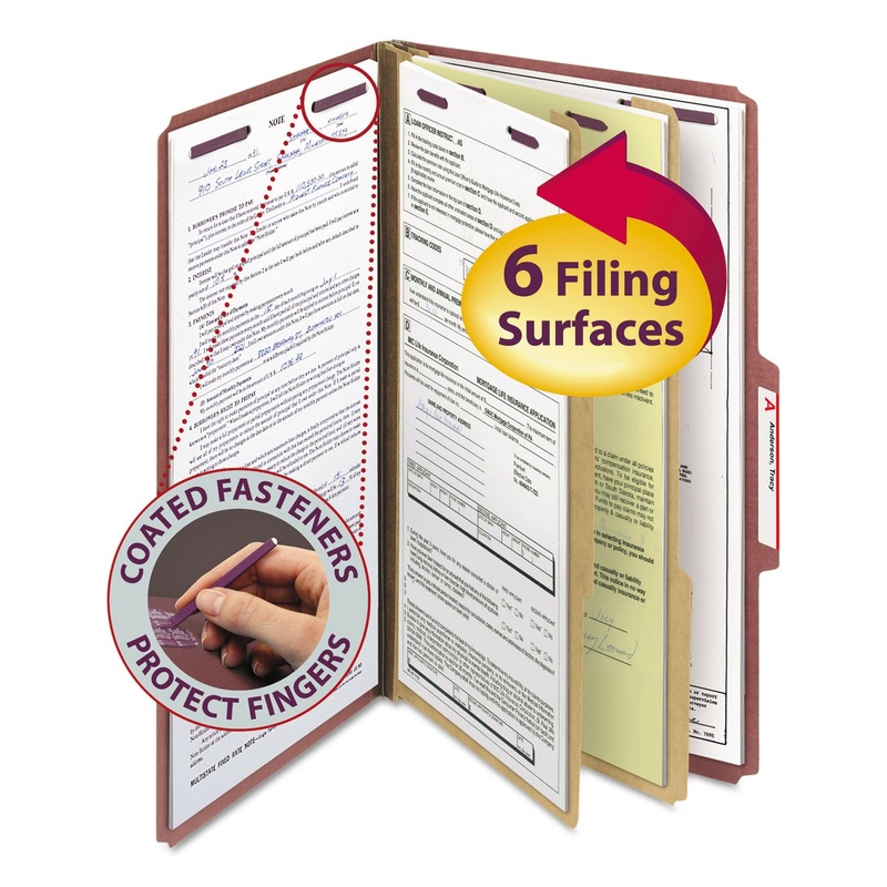 PRESSBOARD CLASSIFICATION FOLDERS WITH SAFESHIELD COATED FASTENERS, 2/5 CUT, 2 DIVIDERS, LEGAL SIZE, RED, 10/BOX