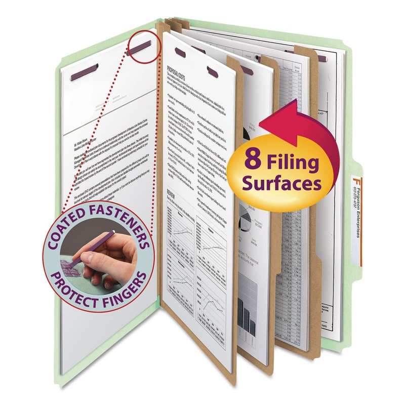 PRESSBOARD CLASSIFICATION FOLDERS WITH SAFESHIELD COATED FASTENERS, 2/5 CUT, 3 DIVIDERS, LEGAL SIZE, GRAY-GREEN, 10/BOX