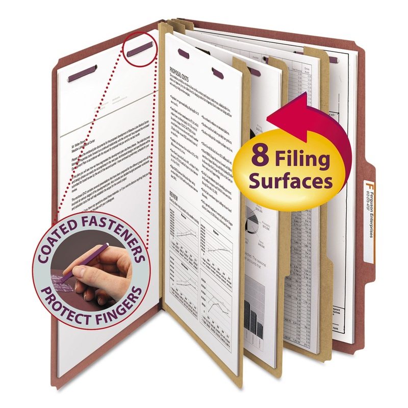 PRESSBOARD CLASSIFICATION FOLDERS WITH SAFESHIELD COATED FASTENERS, 2/5 CUT, 3 DIVIDERS, LEGAL SIZE, RED, 10/BOX