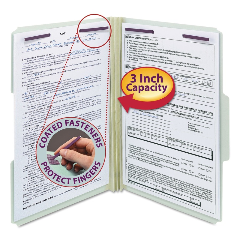 RECYCLED PRESSBOARD FOLDERS WITH TWO SAFESHIELD COATED FASTENERS, 1/3-CUT TABS, 3″ EXPANSION, LEGAL SIZE, GRAY-GREEN, 25/BOX