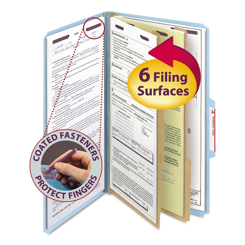 SIX-SECTION PRESSBOARD TOP TAB CLASSIFICATION FOLDERS WITH SAFESHIELD FASTENERS, 2 DIVIDERS, LEGAL SIZE, BLUE, 10/BOX