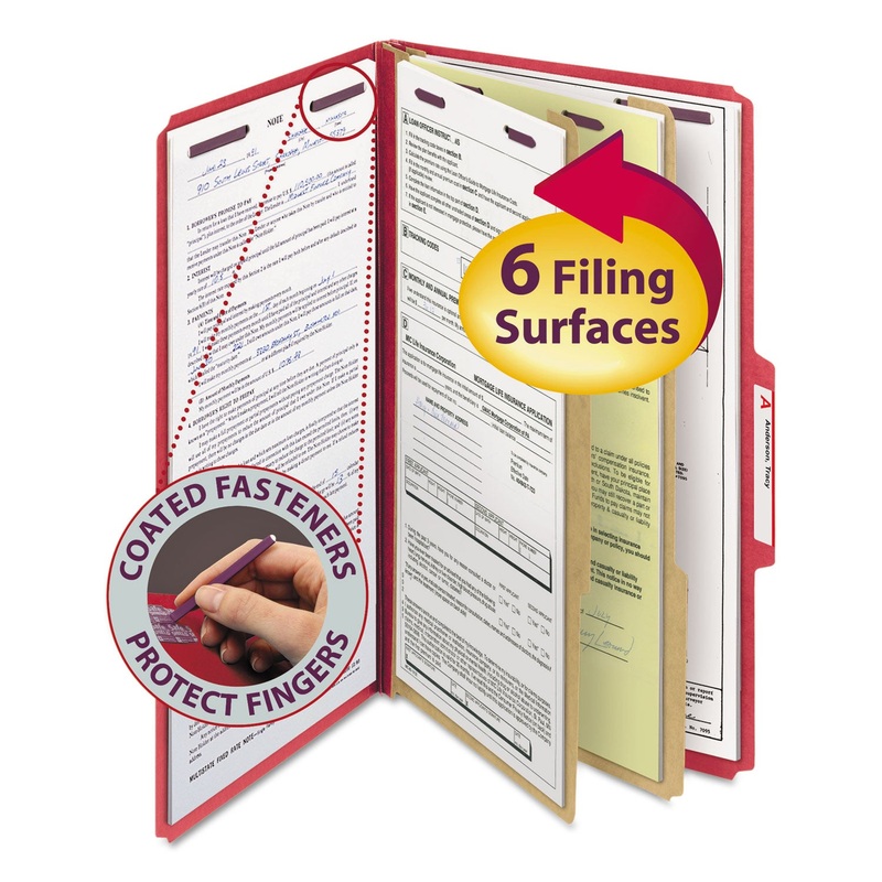 SIX-SECTION PRESSBOARD TOP TAB CLASSIFICATION FOLDERS WITH SAFESHIELD FASTENERS, 2 DIVIDERS, LEGAL SIZE, BRIGHT RED, 10/BOX