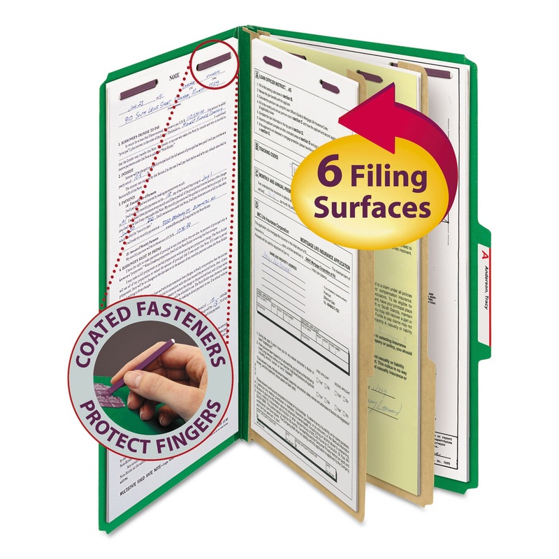 SIX-SECTION PRESSBOARD TOP TAB CLASSIFICATION FOLDERS WITH SAFESHIELD FASTENERS, 2 DIVIDERS, LEGAL SIZE, GREEN, 10/BOX