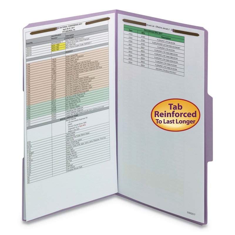 TOP TAB COLORED 2-FASTENER FOLDERS, 1/3-CUT TABS, LEGAL SIZE, LAVENDER, 50/BOX