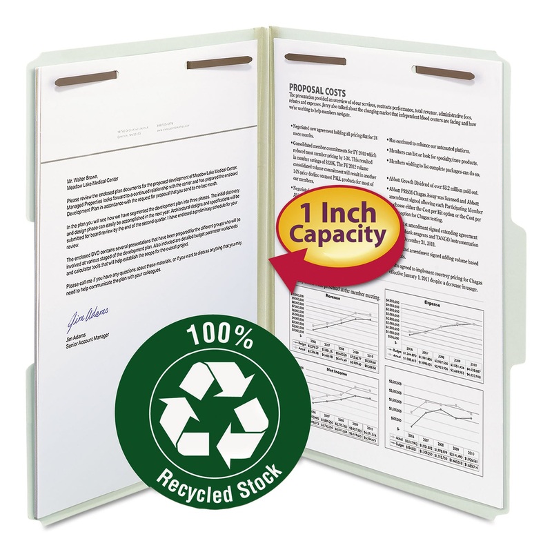100% RECYCLED PRESSBOARD FASTENER FOLDERS, LEGAL SIZE, GRAY-GREEN, 25/BOX