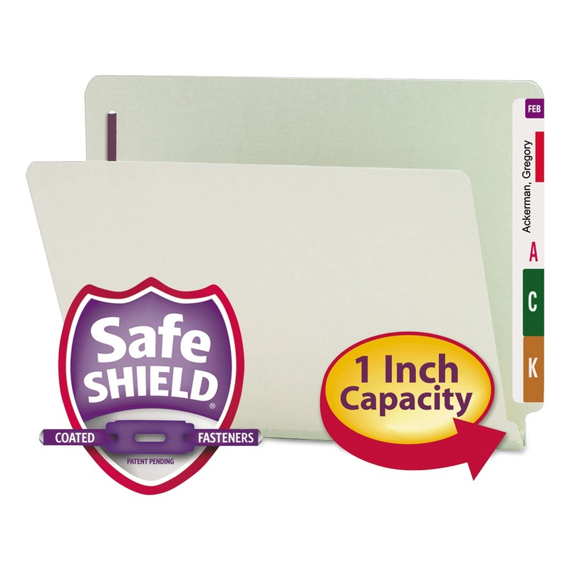 END TAB 1″ EXPANSION PRESSBOARD FILE FOLDERS W/TWO SAFESHIELD COATED FASTENERS, STRAIGHT TAB, LETTER SIZE, GRAY-GREEN, 25/BOX