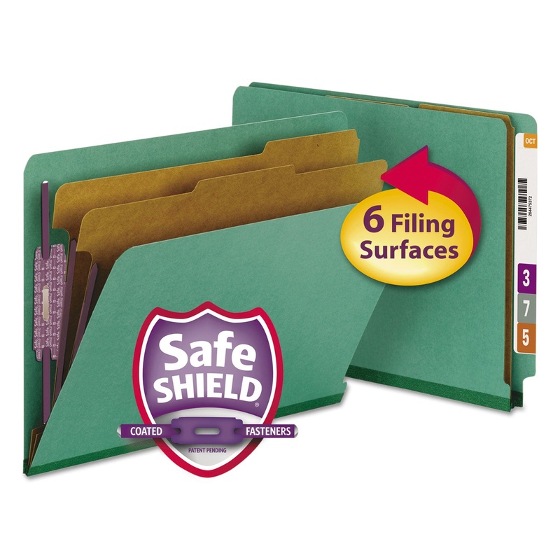 END TAB COLORED PRESSBOARD CLASSIFICATION FOLDERS WITH SAFESHIELD COATED FASTENERS, 2 DIVIDERS, LETTER SIZE, GREEN, 10/BOX