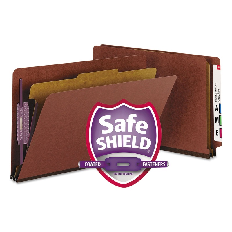END TAB PRESSBOARD CLASSIFICATION FOLDERS WITH SAFESHIELD COATED FASTENERS, 1 DIVIDER, LEGAL SIZE, RED, 10/BOX