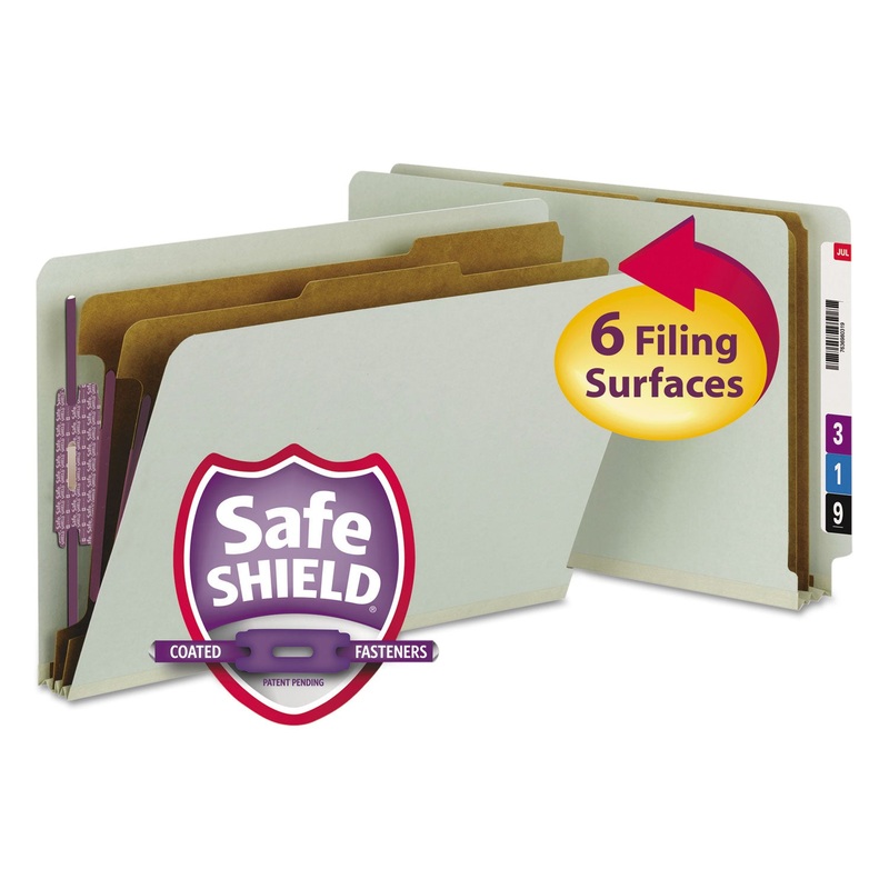 END TAB PRESSBOARD CLASSIFICATION FOLDERS WITH SAFESHIELD COATED FASTENERS, 2 DIVIDERS, LEGAL SIZE, GRAY-GREEN, 10/BOX