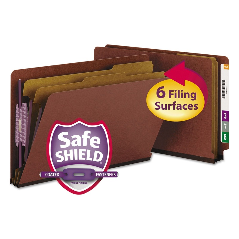 END TAB PRESSBOARD CLASSIFICATION FOLDERS WITH SAFESHIELD COATED FASTENERS, 2 DIVIDERS, LEGAL SIZE, RED, 10/BOX