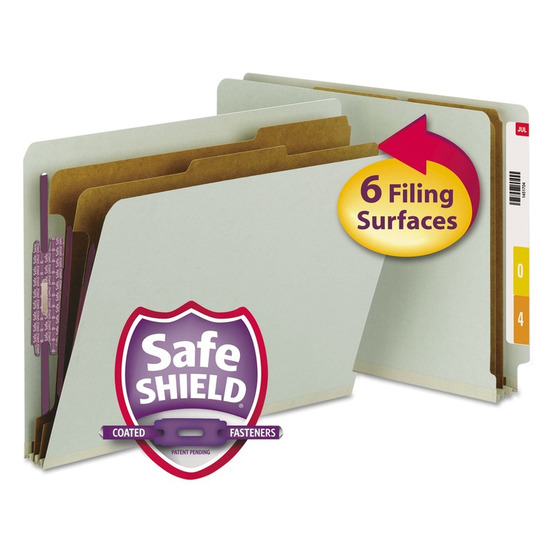 END TAB PRESSBOARD CLASSIFICATION FOLDERS WITH SAFESHIELD COATED FASTENERS, 2 DIVIDERS, LETTER SIZE, GRAY-GREEN, 10/BOX
