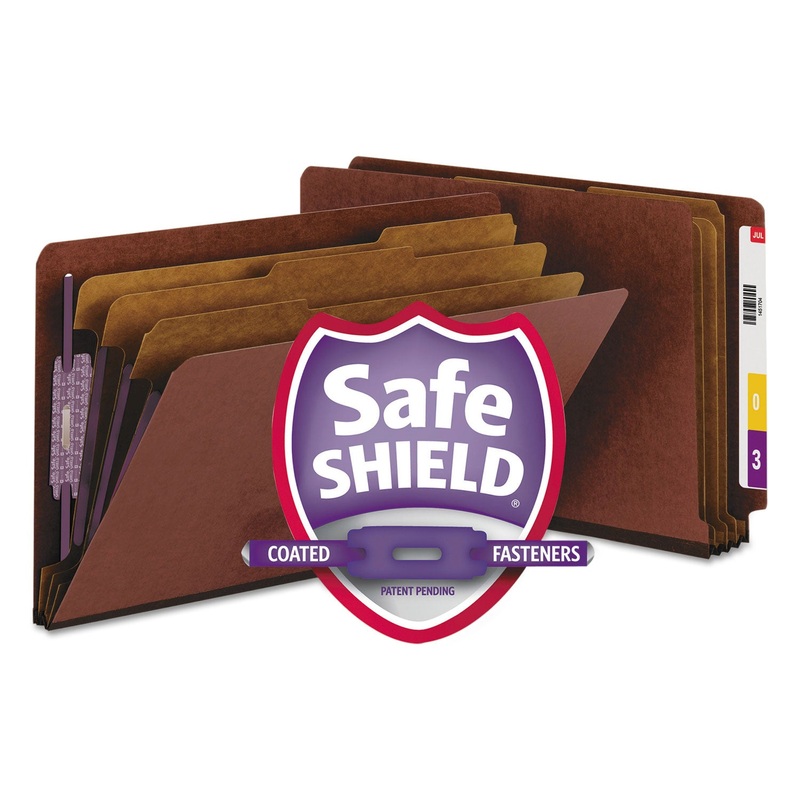 END TAB PRESSBOARD CLASSIFICATION FOLDERS WITH SAFESHIELD COATED FASTENERS, 3 DIVIDERS, LEGAL SIZE, RED, 10/BOX